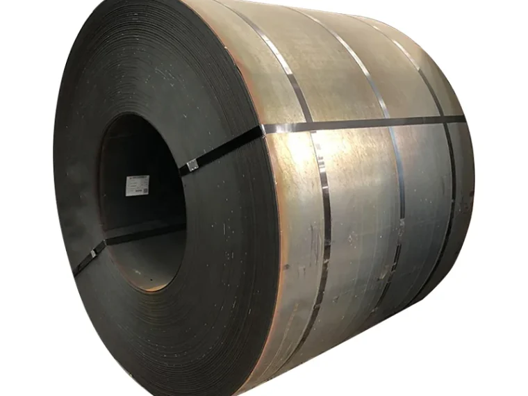 Hot rolled carbon steel coil with securing bands