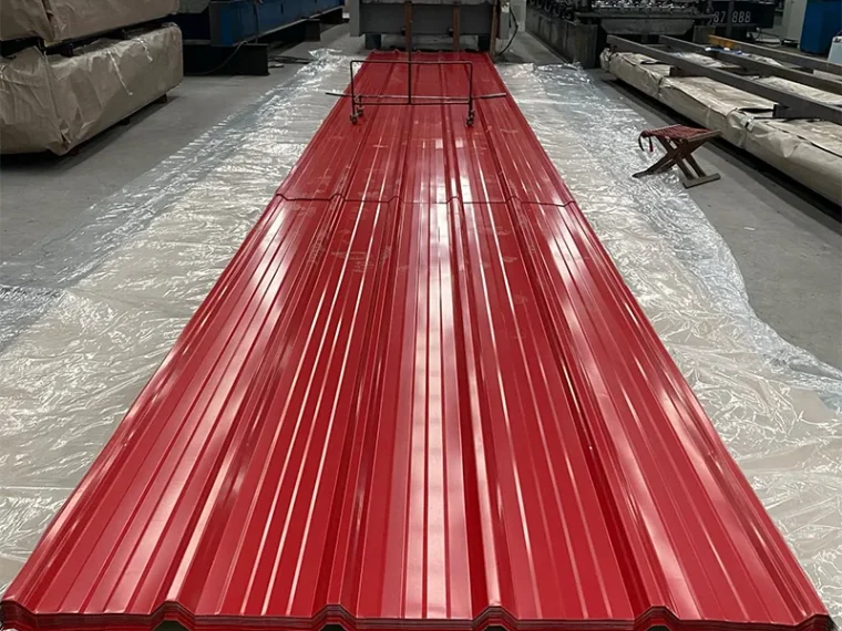 Red profiled steel roofing sheets