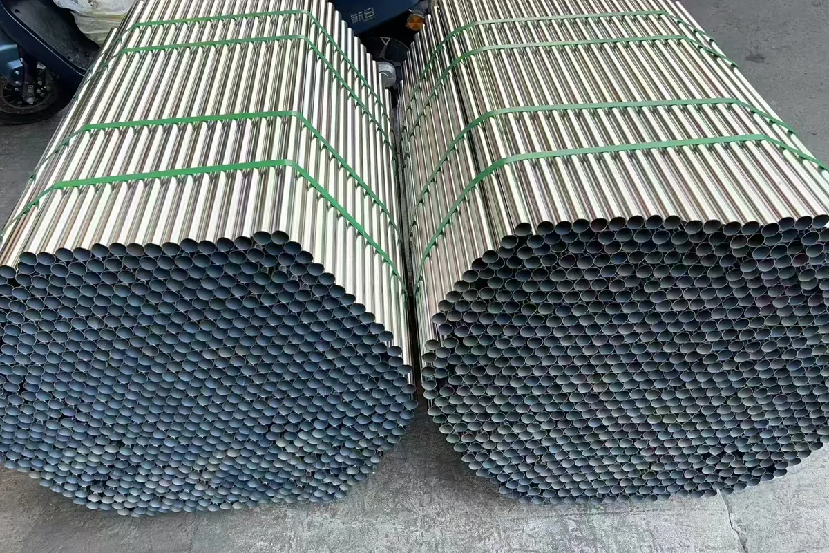 Bundled polished stainless steel pipes